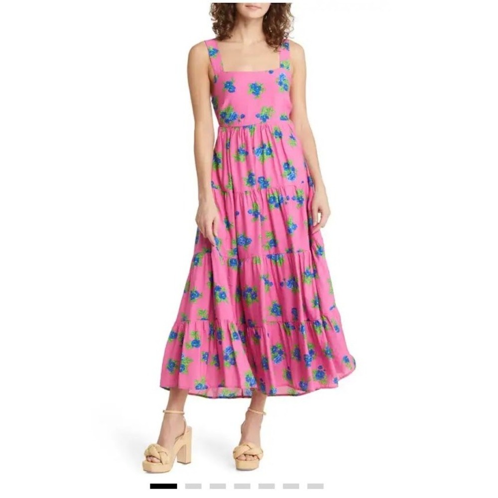 Antropologie Moon River Pink Blue Floral Maxi Dress Tie Back Cut Out Large